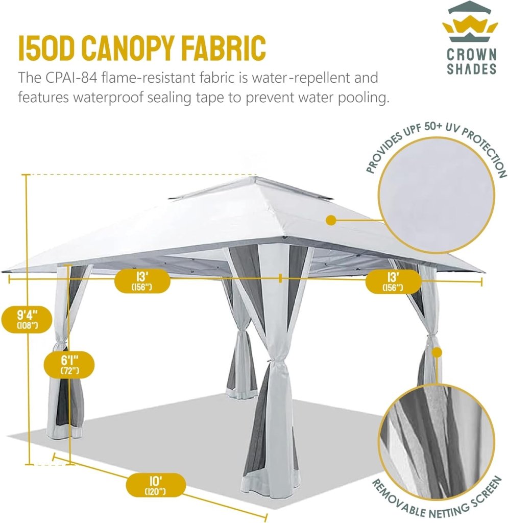 CROWN SHADES 13x13 Pop Up Gazebo, Canopy Tent, Gazebos on Clearance - Outdoor Gazebo for Backyard & Patio Furniture - Carpa Pop Up Tent with Wheeled STO - N - Go Cover Bag (White) - Wigtrends