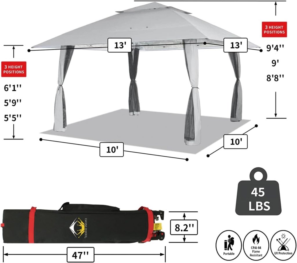 CROWN SHADES 13x13 Pop Up Gazebo, Canopy Tent, Gazebos on Clearance - Outdoor Gazebo for Backyard & Patio Furniture - Carpa Pop Up Tent with Wheeled STO - N - Go Cover Bag (White) - Wigtrends