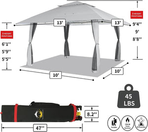 CROWN SHADES 13x13 Pop Up Gazebo, Canopy Tent, Gazebos on Clearance - Outdoor Gazebo for Backyard & Patio Furniture - Carpa Pop Up Tent with Wheeled STO - N - Go Cover Bag (White) - Wigtrends