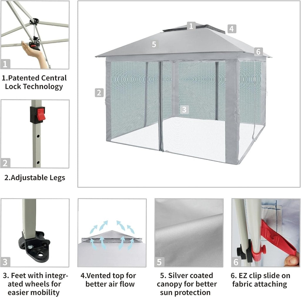 CROWN SHADES 13x13 Pop Up Gazebo, Canopy Tent, Gazebos on Clearance - Outdoor Gazebo for Backyard & Patio Furniture - Carpa Pop Up Tent with Wheeled STO - N - Go Cover Bag (White) - Wigtrends