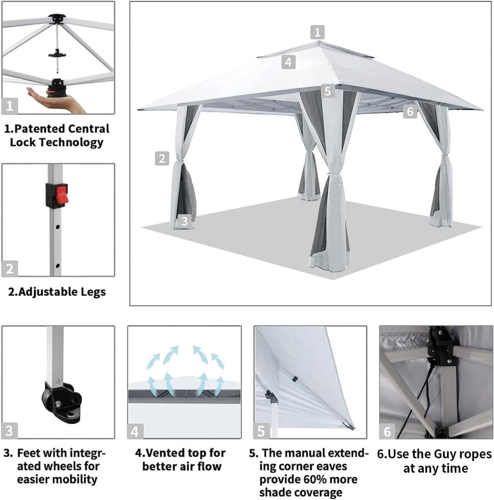 CROWN SHADES 13x13 Pop Up Gazebo, Canopy Tent, Gazebos on Clearance - Outdoor Gazebo for Backyard & Patio Furniture - Carpa Pop Up Tent with Wheeled STO - N - Go Cover Bag (White) - Wigtrends