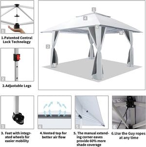 CROWN SHADES 13x13 Pop Up Gazebo, Canopy Tent, Gazebos on Clearance - Outdoor Gazebo for Backyard & Patio Furniture - Carpa Pop Up Tent with Wheeled STO - N - Go Cover Bag (White) - Wigtrends