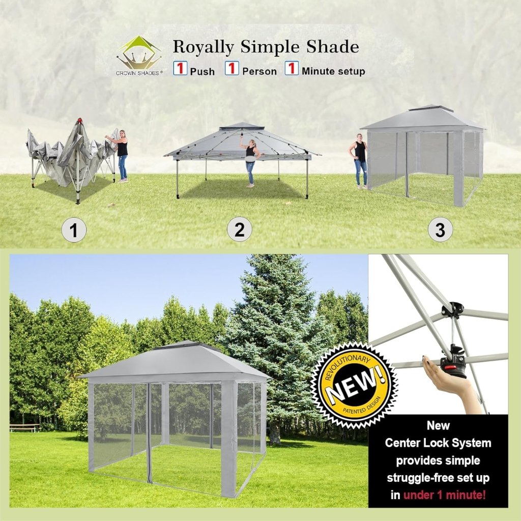 CROWN SHADES 13x13 Pop Up Gazebo, Canopy Tent, Gazebos on Clearance - Outdoor Gazebo for Backyard & Patio Furniture - Carpa Pop Up Tent with Wheeled STO - N - Go Cover Bag (White) - Wigtrends