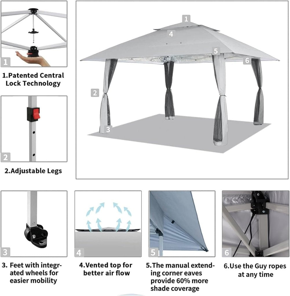 CROWN SHADES 13x13 Pop Up Gazebo, Canopy Tent, Gazebos on Clearance - Outdoor Gazebo for Backyard & Patio Furniture - Carpa Pop Up Tent with Wheeled STO - N - Go Cover Bag (White) - Wigtrends