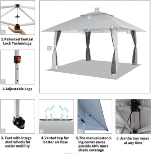CROWN SHADES 13x13 Pop Up Gazebo, Canopy Tent, Gazebos on Clearance - Outdoor Gazebo for Backyard & Patio Furniture - Carpa Pop Up Tent with Wheeled STO - N - Go Cover Bag (White) - Wigtrends