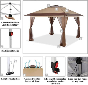 CROWN SHADES 13x13 Pop Up Gazebo, Canopy Tent, Gazebos on Clearance - Outdoor Gazebo for Backyard & Patio Furniture - Carpa Pop Up Tent with Wheeled STO - N - Go Cover Bag (White) - Wigtrends