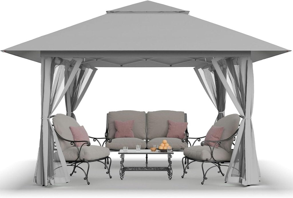 CROWN SHADES 13x13 Pop Up Gazebo, Canopy Tent, Gazebos on Clearance - Outdoor Gazebo for Backyard & Patio Furniture - Carpa Pop Up Tent with Wheeled STO - N - Go Cover Bag (White) - Wigtrends