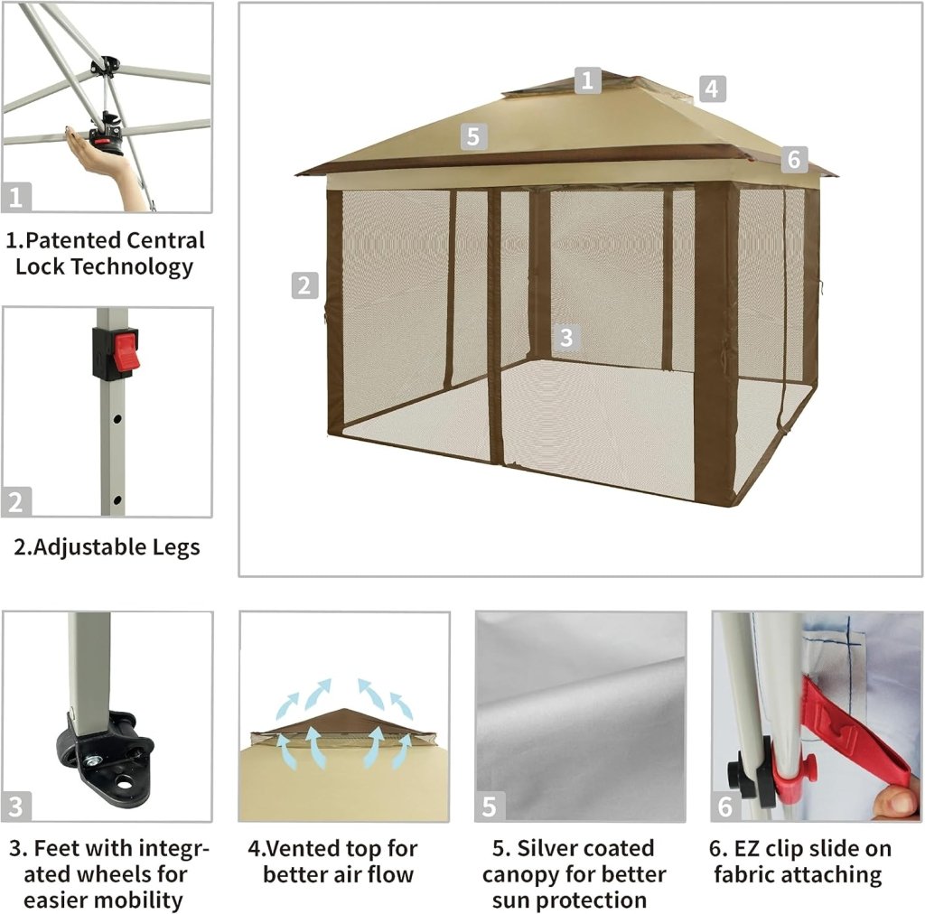 CROWN SHADES 13x13 Pop Up Gazebo, Canopy Tent, Gazebos on Clearance - Outdoor Gazebo for Backyard & Patio Furniture - Carpa Pop Up Tent with Wheeled STO - N - Go Cover Bag (White) - Wigtrends