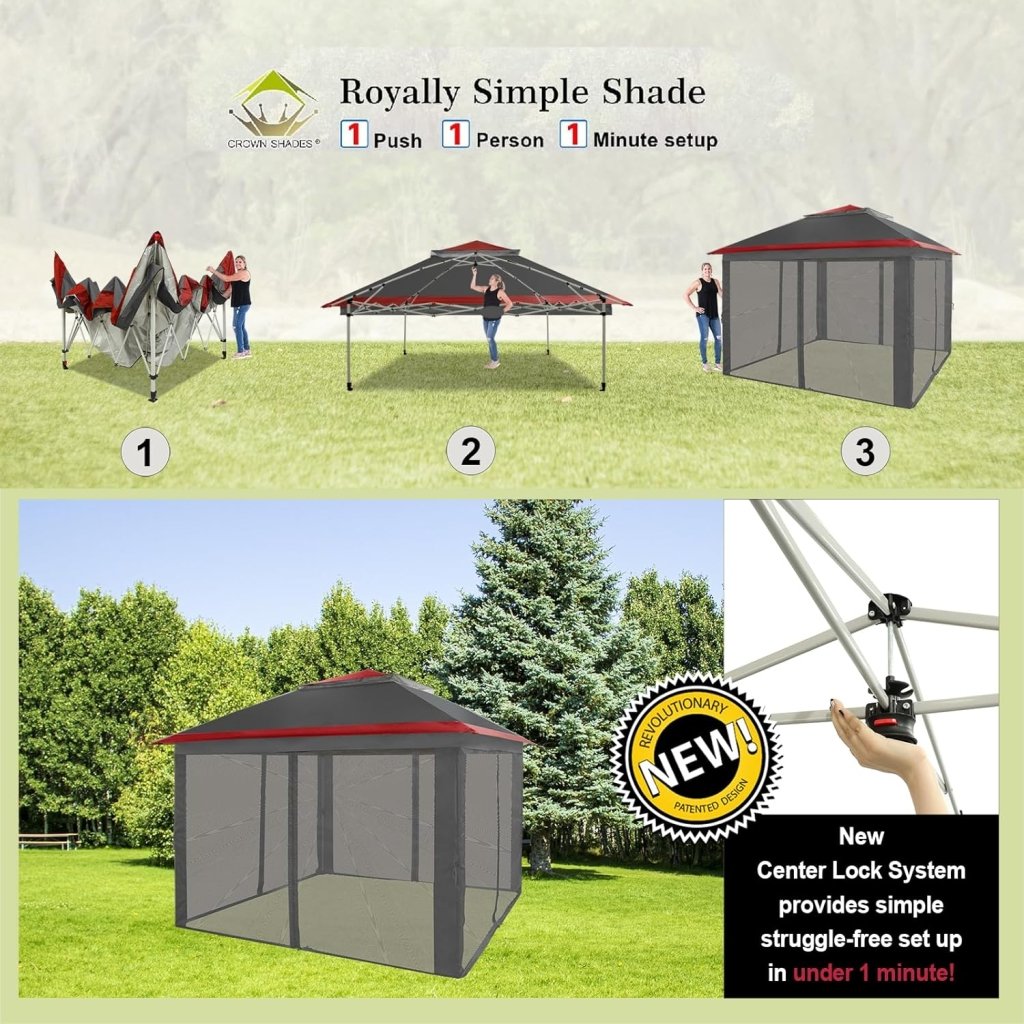 CROWN SHADES 13x13 Pop Up Gazebo, Canopy Tent, Gazebos on Clearance - Outdoor Gazebo for Backyard & Patio Furniture - Carpa Pop Up Tent with Wheeled STO - N - Go Cover Bag (White) - Wigtrends