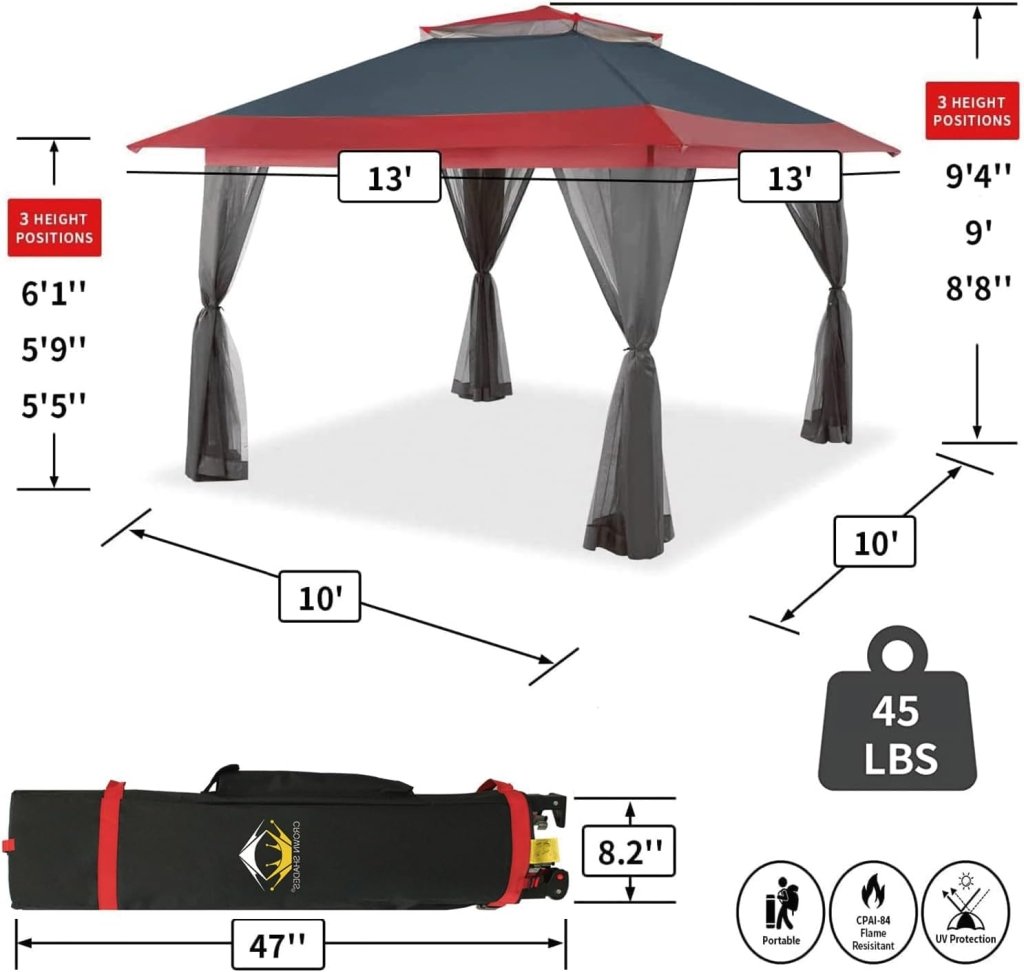 CROWN SHADES 13x13 Pop Up Gazebo, Canopy Tent, Gazebos on Clearance - Outdoor Gazebo for Backyard & Patio Furniture - Carpa Pop Up Tent with Wheeled STO - N - Go Cover Bag (White) - Wigtrends