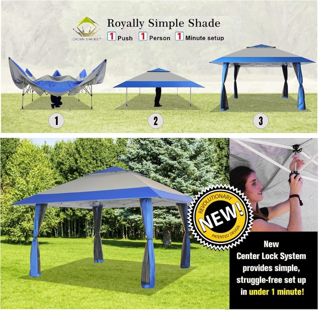 CROWN SHADES 13x13 Pop Up Gazebo, Canopy Tent, Gazebos on Clearance - Outdoor Gazebo for Backyard & Patio Furniture - Carpa Pop Up Tent with Wheeled STO - N - Go Cover Bag (White) - Wigtrends