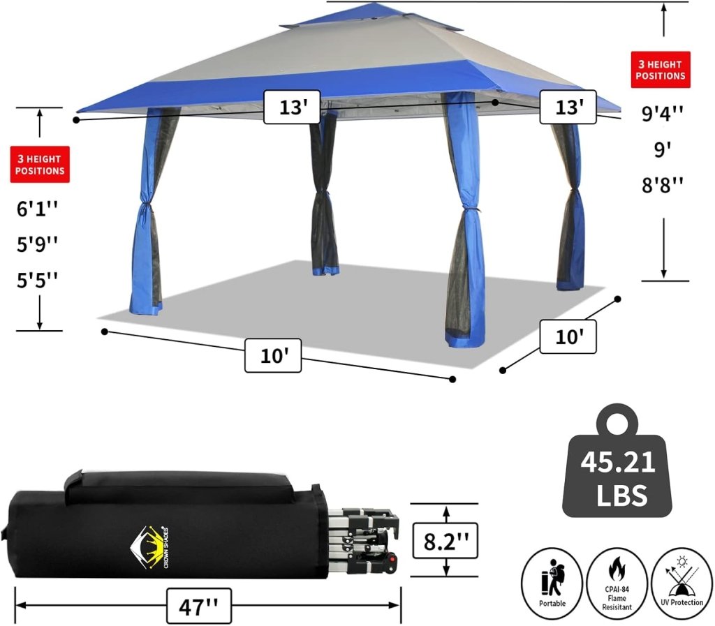 CROWN SHADES 13x13 Pop Up Gazebo, Canopy Tent, Gazebos on Clearance - Outdoor Gazebo for Backyard & Patio Furniture - Carpa Pop Up Tent with Wheeled STO - N - Go Cover Bag (White) - Wigtrends