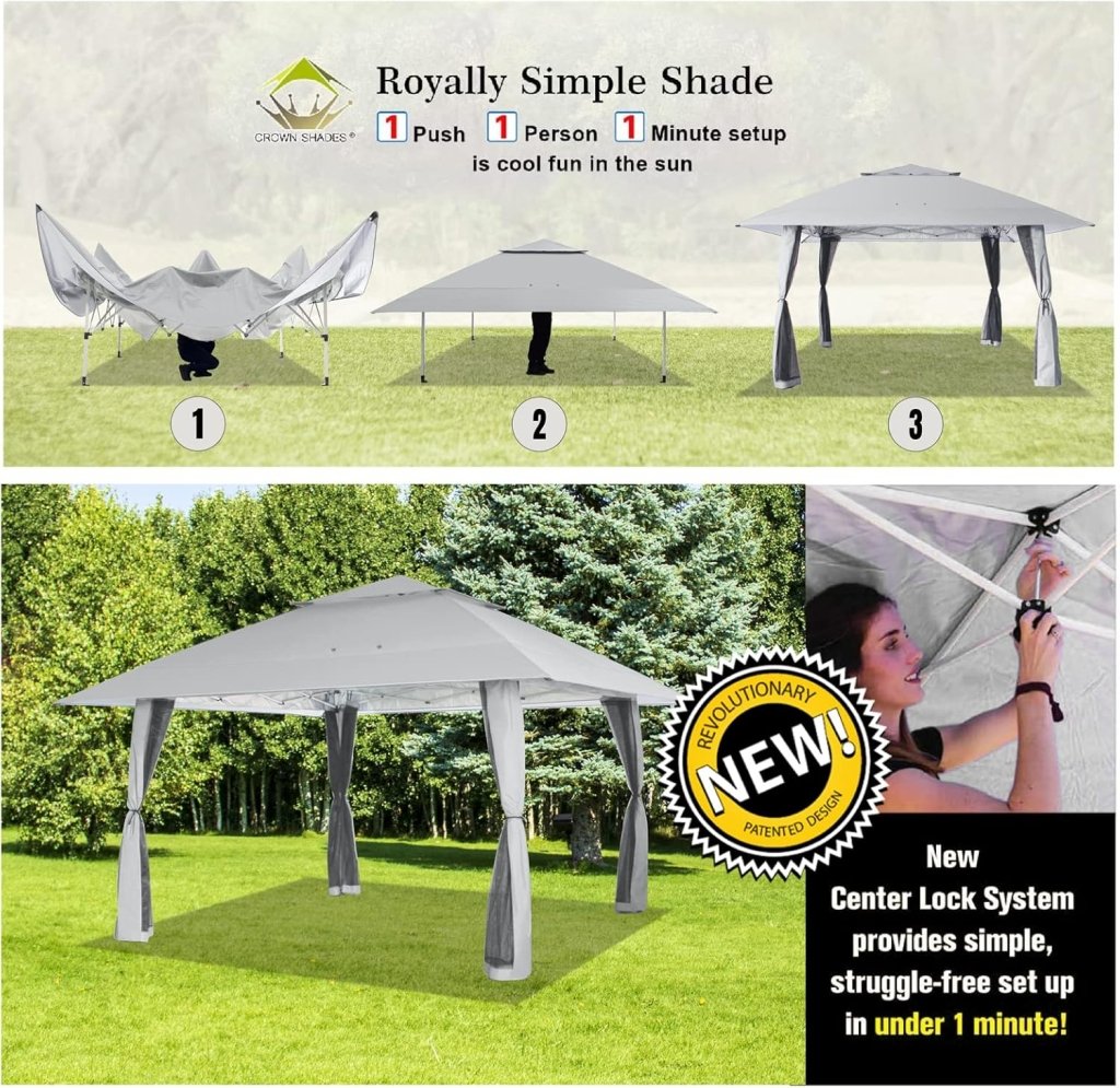 CROWN SHADES 13x13 Pop Up Gazebo, Canopy Tent, Gazebos on Clearance - Outdoor Gazebo for Backyard & Patio Furniture - Carpa Pop Up Tent with Wheeled STO - N - Go Cover Bag (White) - Wigtrends