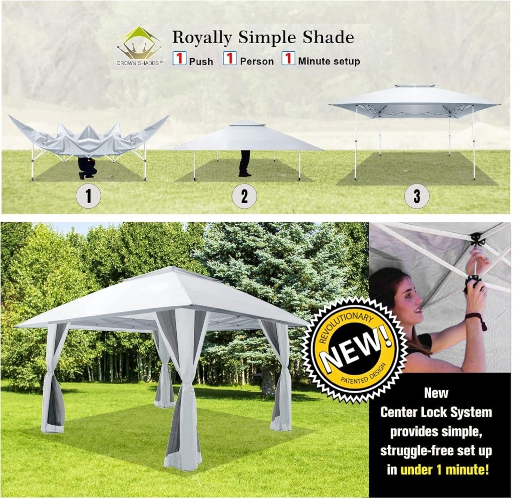 CROWN SHADES 13x13 Pop Up Gazebo, Canopy Tent, Gazebos on Clearance - Outdoor Gazebo for Backyard & Patio Furniture - Carpa Pop Up Tent with Wheeled STO - N - Go Cover Bag (White) - Wigtrends