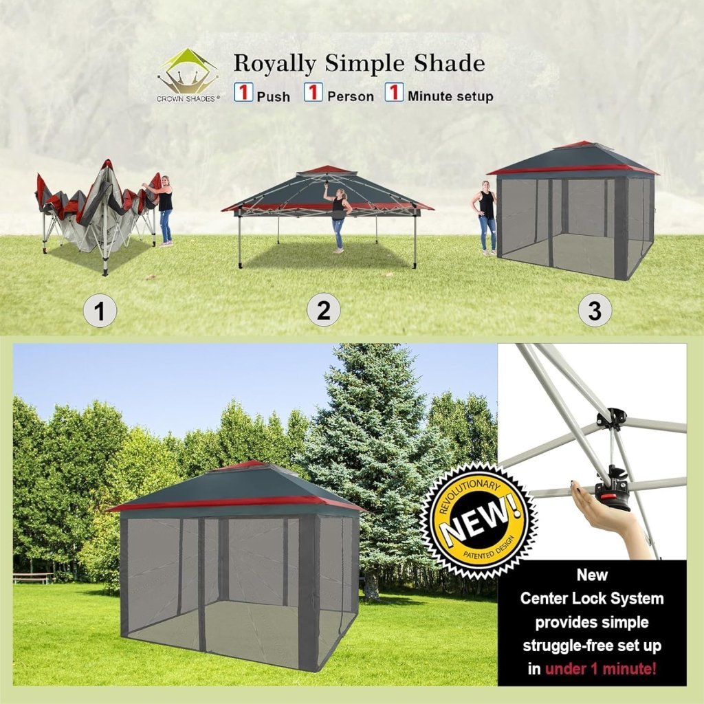 CROWN SHADES 13x13 Pop Up Gazebo, Canopy Tent, Gazebos on Clearance - Outdoor Gazebo for Backyard & Patio Furniture - Carpa Pop Up Tent with Wheeled STO - N - Go Cover Bag (White) - Wigtrends