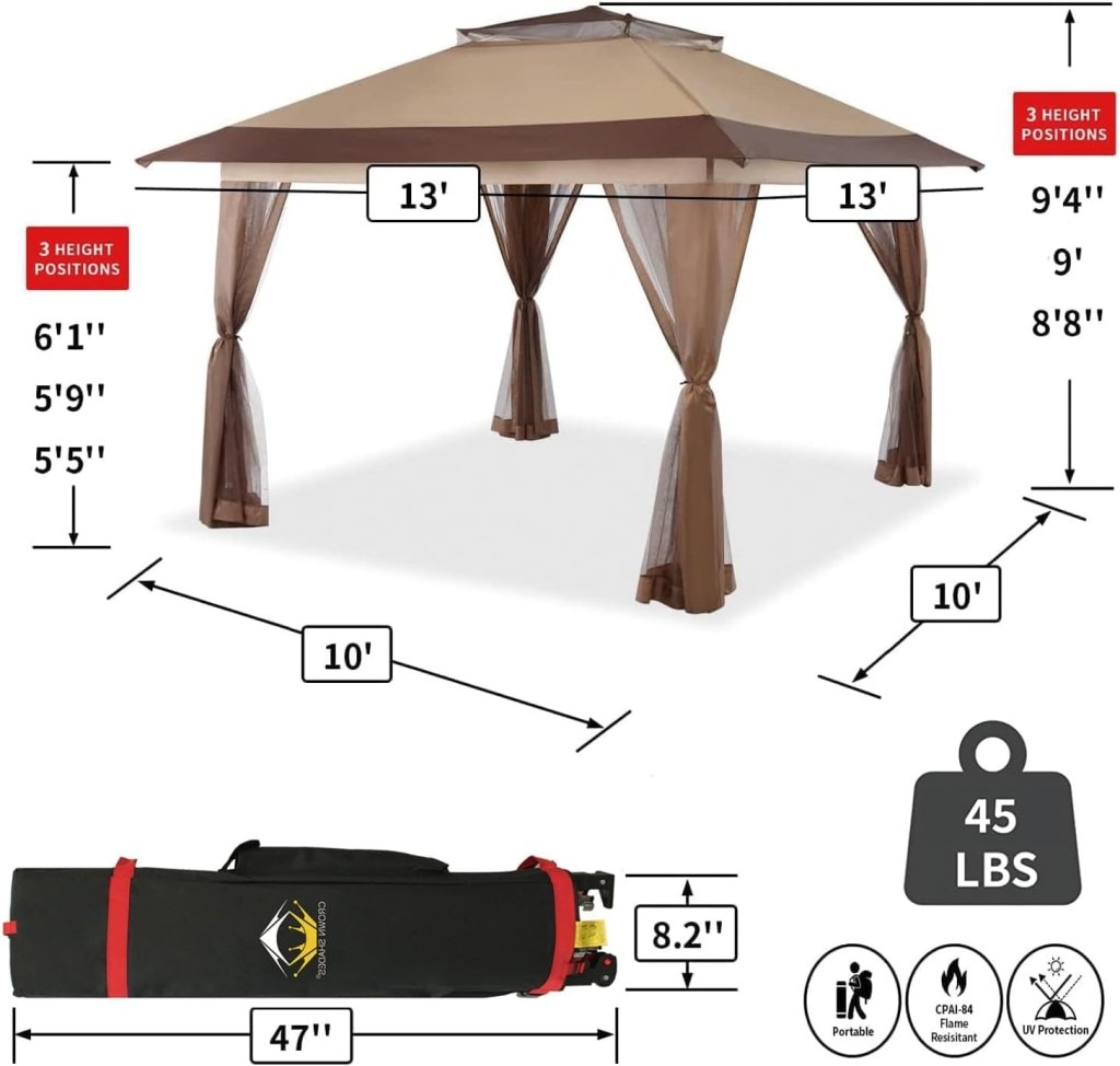 CROWN SHADES 13x13 Pop Up Gazebo, Canopy Tent, Gazebos on Clearance - Outdoor Gazebo for Backyard & Patio Furniture - Carpa Pop Up Tent with Wheeled STO - N - Go Cover Bag (White) - Wigtrends