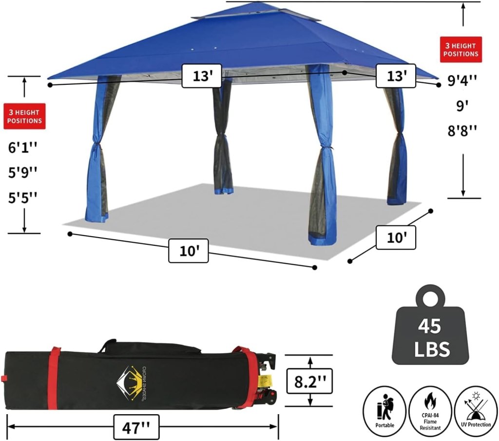 CROWN SHADES 13x13 Pop Up Gazebo, Canopy Tent, Gazebos on Clearance - Outdoor Gazebo for Backyard & Patio Furniture - Carpa Pop Up Tent with Wheeled STO - N - Go Cover Bag (White) - Wigtrends