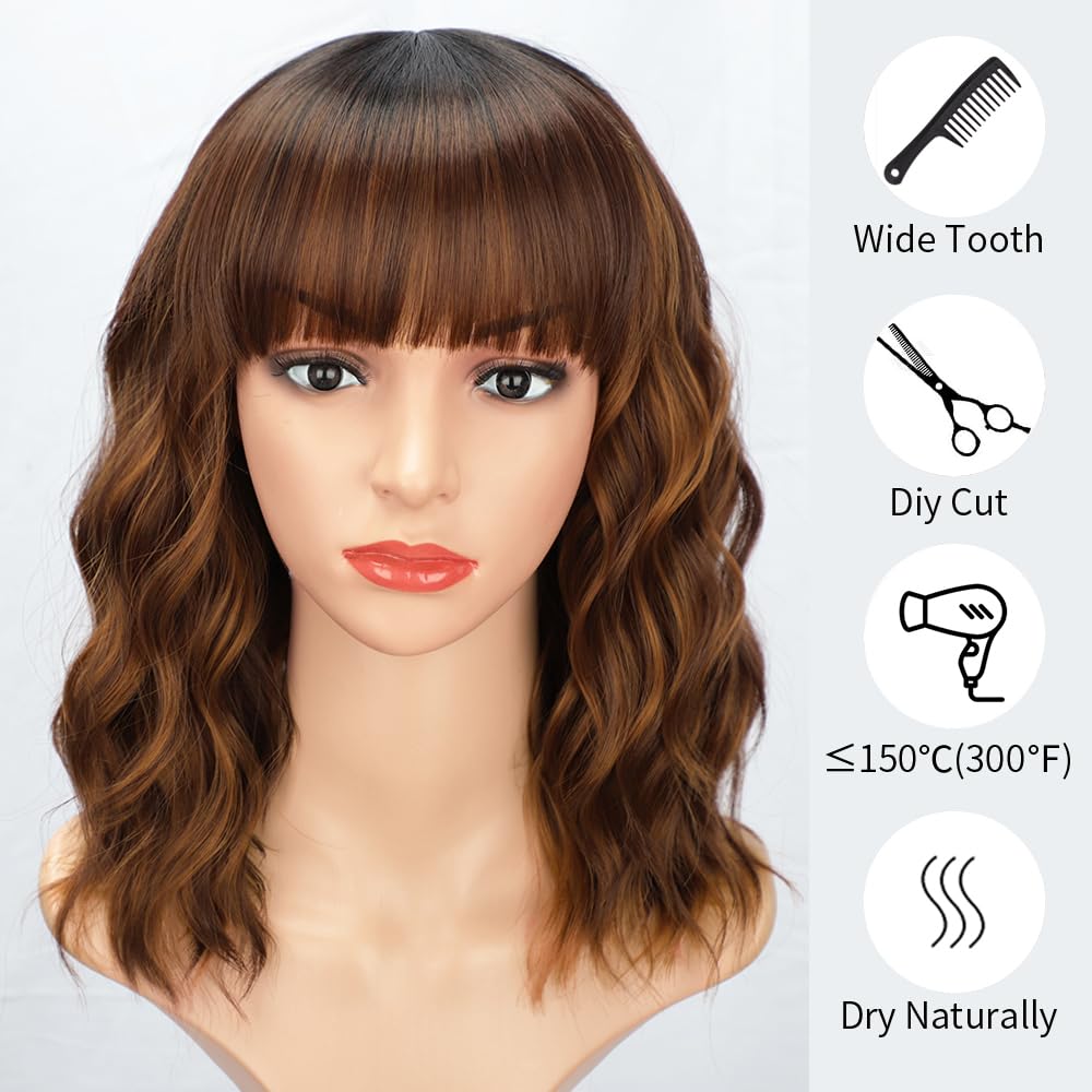 Curly Bob Wig with Bangs Short Wavy Wigs for Women human hair Heat Resistant Wigs - Wigtrends