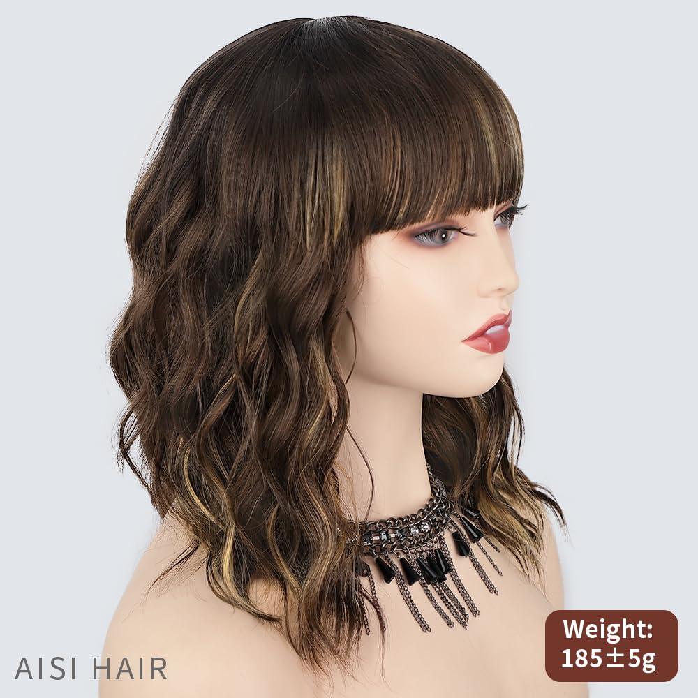 Curly Bob Wig with Bangs Short Wavy Wigs for Women human hair Heat Resistant Wigs - Wigtrends