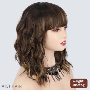 Curly Bob Wig with Bangs Short Wavy Wigs for Women human hair Heat Resistant Wigs - Wigtrends