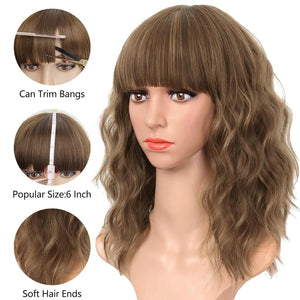 Curly Bob Wig with Bangs Short Wavy Wigs for Women human hair Heat Resistant Wigs - Wigtrends