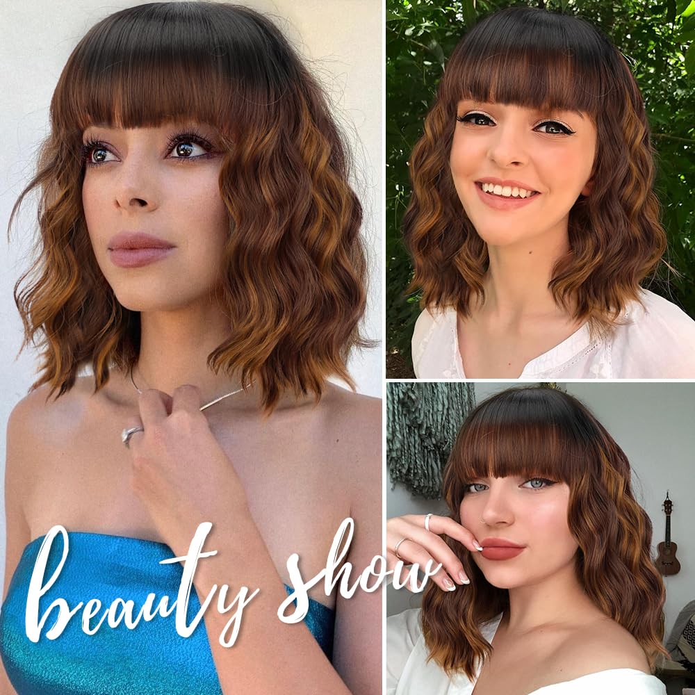 Curly Bob Wig with Bangs Short Wavy Wigs for Women human hair Heat Resistant Wigs - Wigtrends