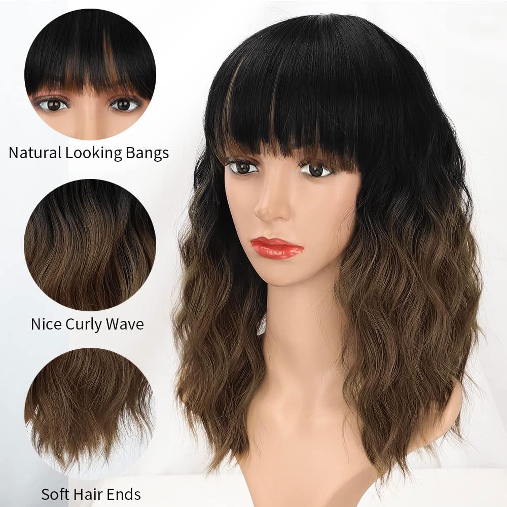 Curly Bob Wig with Bangs Short Wavy Wigs for Women human hair Heat Resistant Wigs - Wigtrends