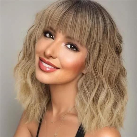 Curly Bob Wig with Bangs Short Wavy Wigs for Women human hair Heat Resistant Wigs - Wigtrends