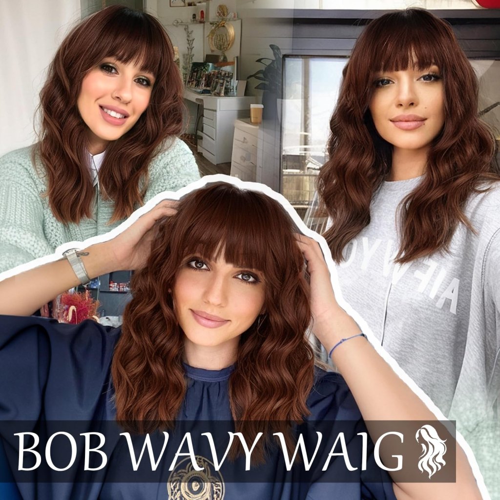 Curly Bob Wig with Bangs Short Wavy Wigs for Women human hair Heat Resistant Wigs - Wigtrends