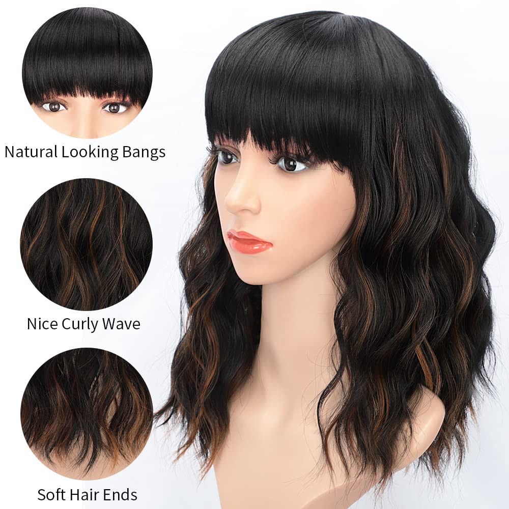 Curly Bob Wig with Bangs Short Wavy Wigs for Women human hair Heat Resistant Wigs - Wigtrends