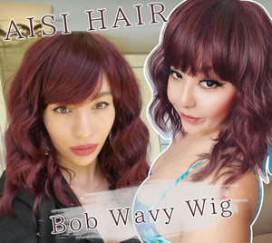 Curly Bob Wig with Bangs Short Wavy Wigs for Women human hair Heat Resistant Wigs - Wigtrends