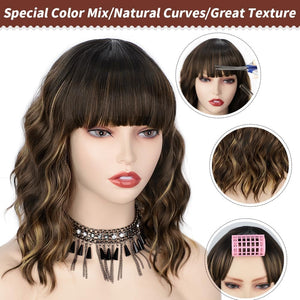 Curly Bob Wig with Bangs Short Wavy Wigs for Women human hair Heat Resistant Wigs - Wigtrends