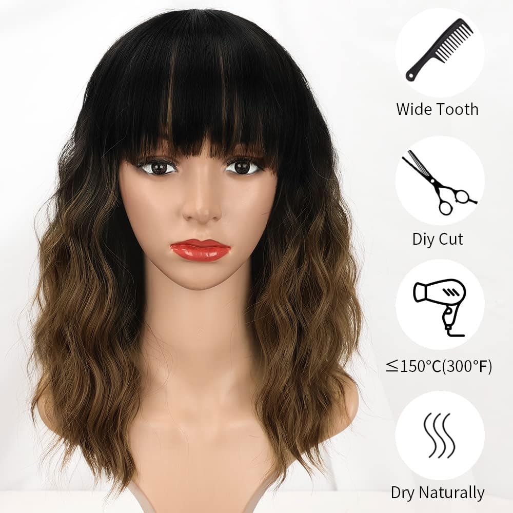 Curly Bob Wig with Bangs Short Wavy Wigs for Women human hair Heat Resistant Wigs - Wigtrends