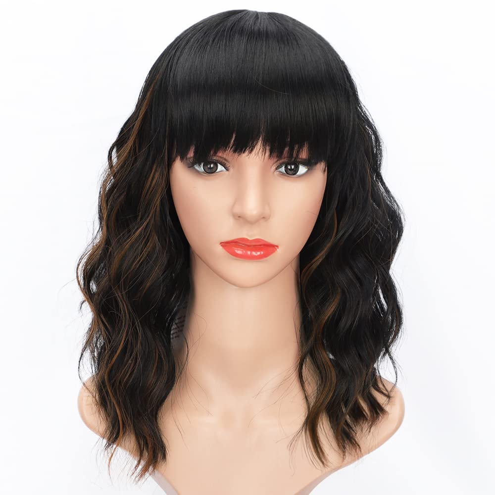 Curly Bob Wig with Bangs Short Wavy Wigs for Women human hair Heat Resistant Wigs - Wigtrends