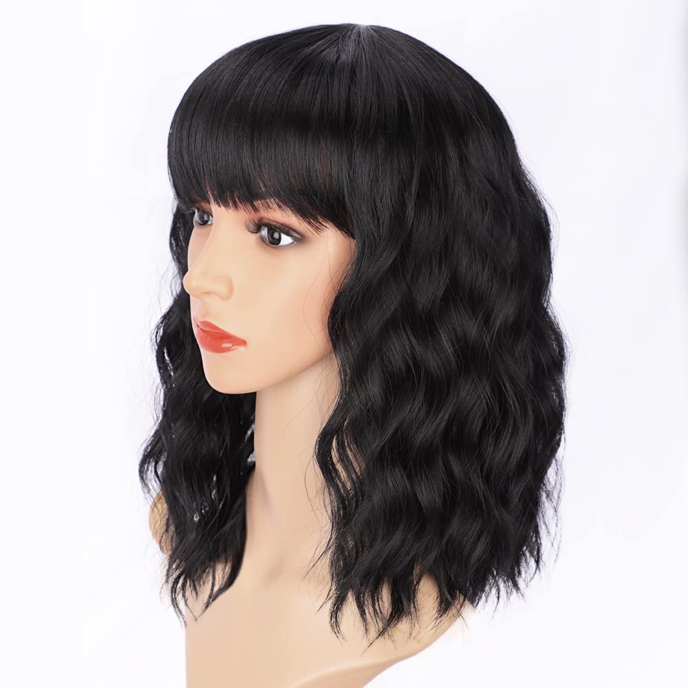 Curly Bob Wig with Bangs Short Wavy Wigs for Women human hair Heat Resistant Wigs - Wigtrends