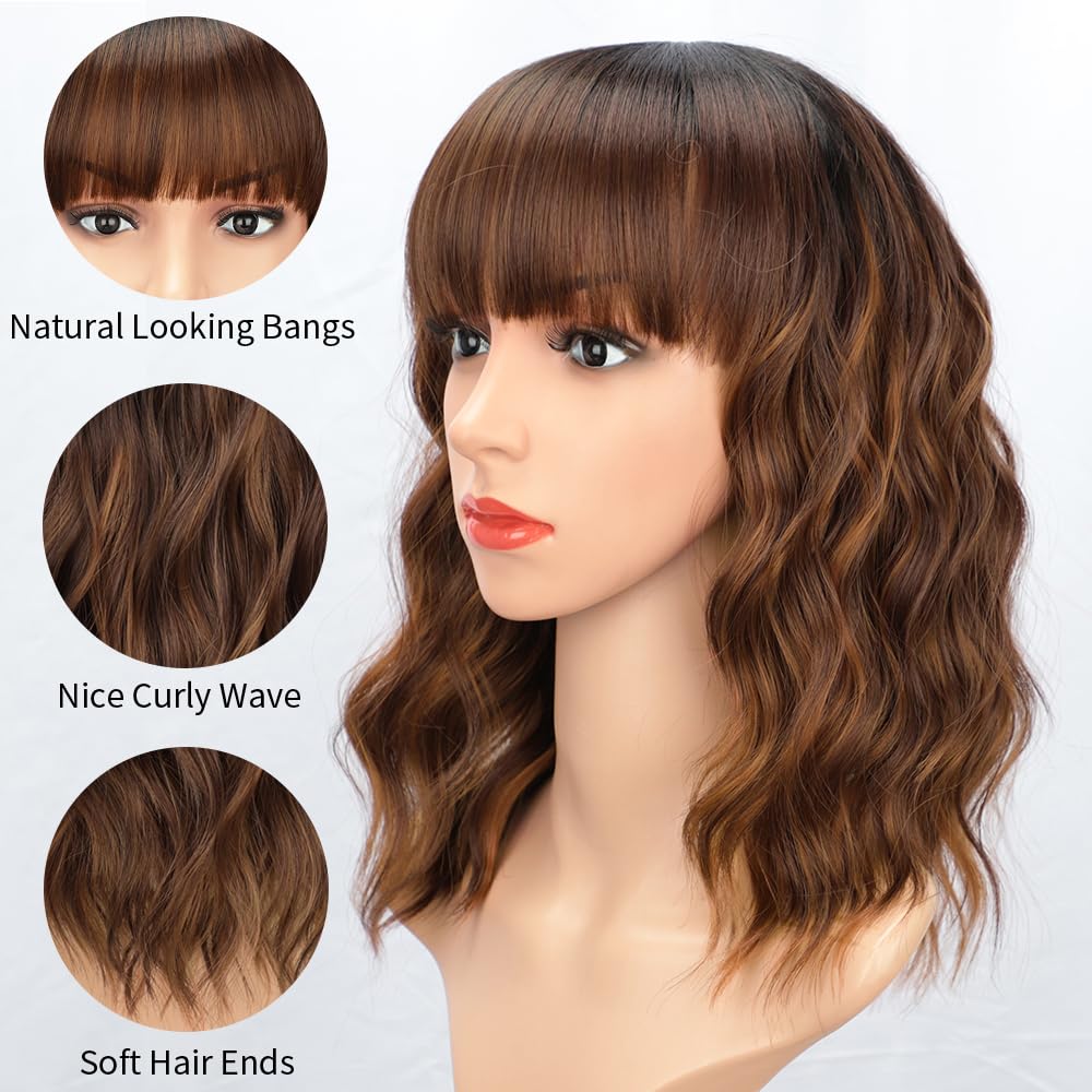 Curly Bob Wig with Bangs Short Wavy Wigs for Women human hair Heat Resistant Wigs - Wigtrends