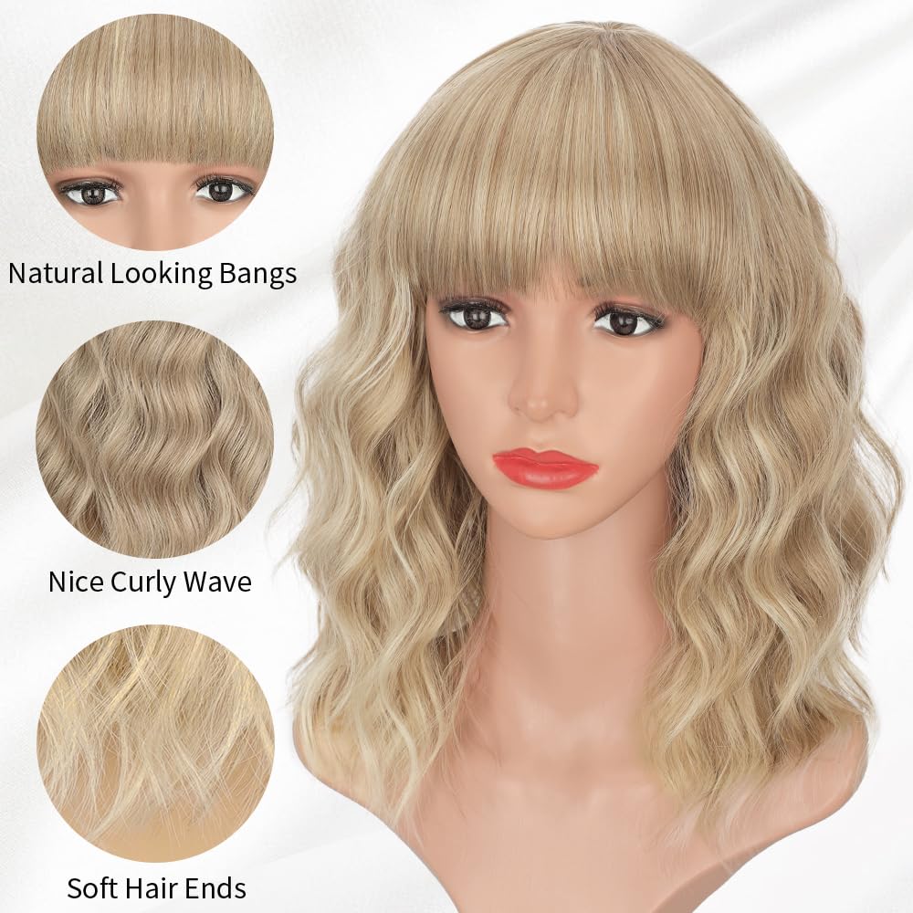 Curly Bob Wig with Bangs Short Wavy Wigs for Women human hair Heat Resistant Wigs - Wigtrends