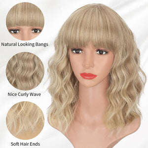 Curly Bob Wig with Bangs Short Wavy Wigs for Women human hair Heat Resistant Wigs - Wigtrends