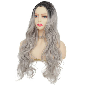 Curly Ombre Grey Wig for Women Long Wave Black Roots Synthetic Hair - Wigtrends