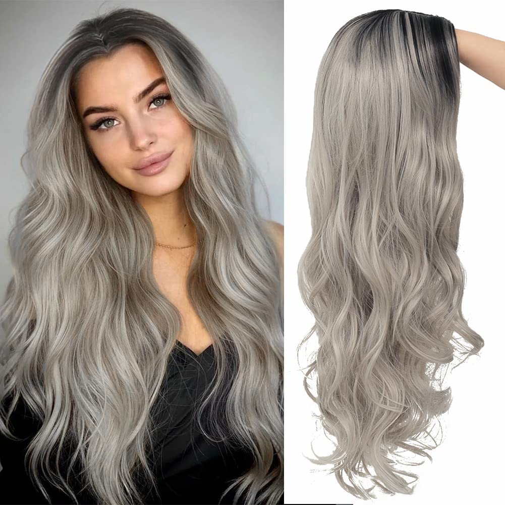 Curly Ombre Grey Wig for Women Long Wave Black Roots Synthetic Hair - Wigtrends