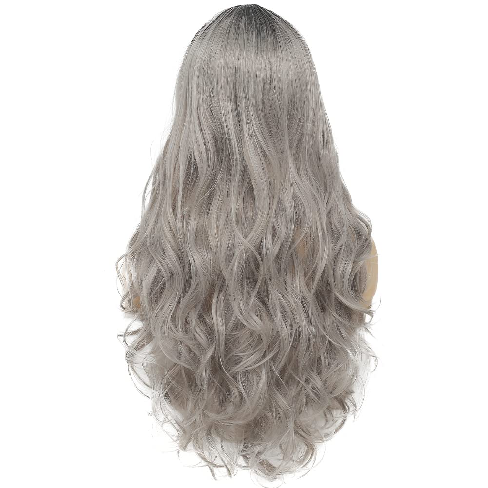 Curly Ombre Grey Wig for Women Long Wave Black Roots Synthetic Hair - Wigtrends