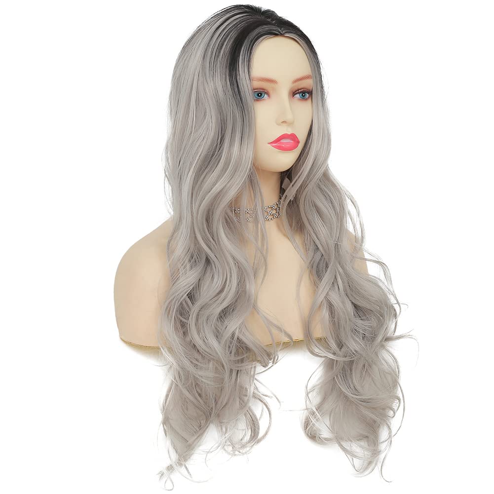 Curly Ombre Grey Wig for Women Long Wave Black Roots Synthetic Hair - Wigtrends