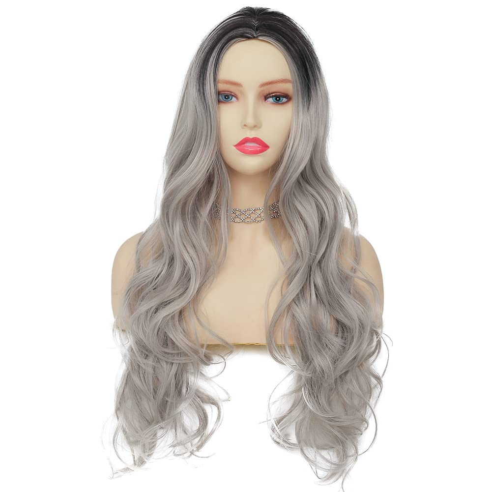 Curly Ombre Grey Wig for Women Long Wave Black Roots Synthetic Hair - Wigtrends