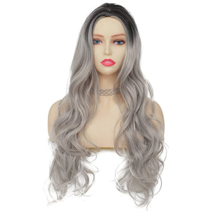 Curly Ombre Grey Wig for Women Long Wave Black Roots Synthetic Hair - Wigtrends