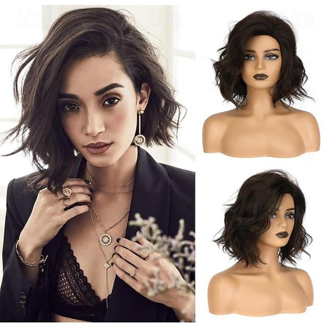 Curly Wavy Short Bob Wig With Bangs For Girls Women Daily Use Shoulder Length Side Part Synthetic Hair Replacement Wigs Natural Looking 12 inch - Wigtrends