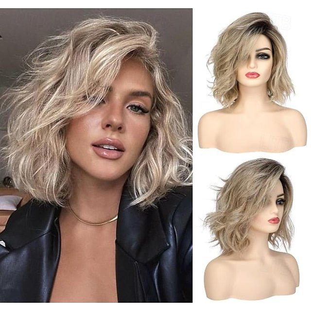 Curly Wavy Short Bob Wig With Bangs For Girls Women Daily Use Shoulder Length Side Part Synthetic Hair Replacement Wigs Natural Looking 12 inch - Wigtrends