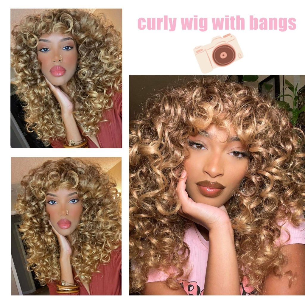 Curly Wigs for White Black Women 20 Inch Long Curly Afro Wig with Bangs Human Hair Wig - Wigtrends