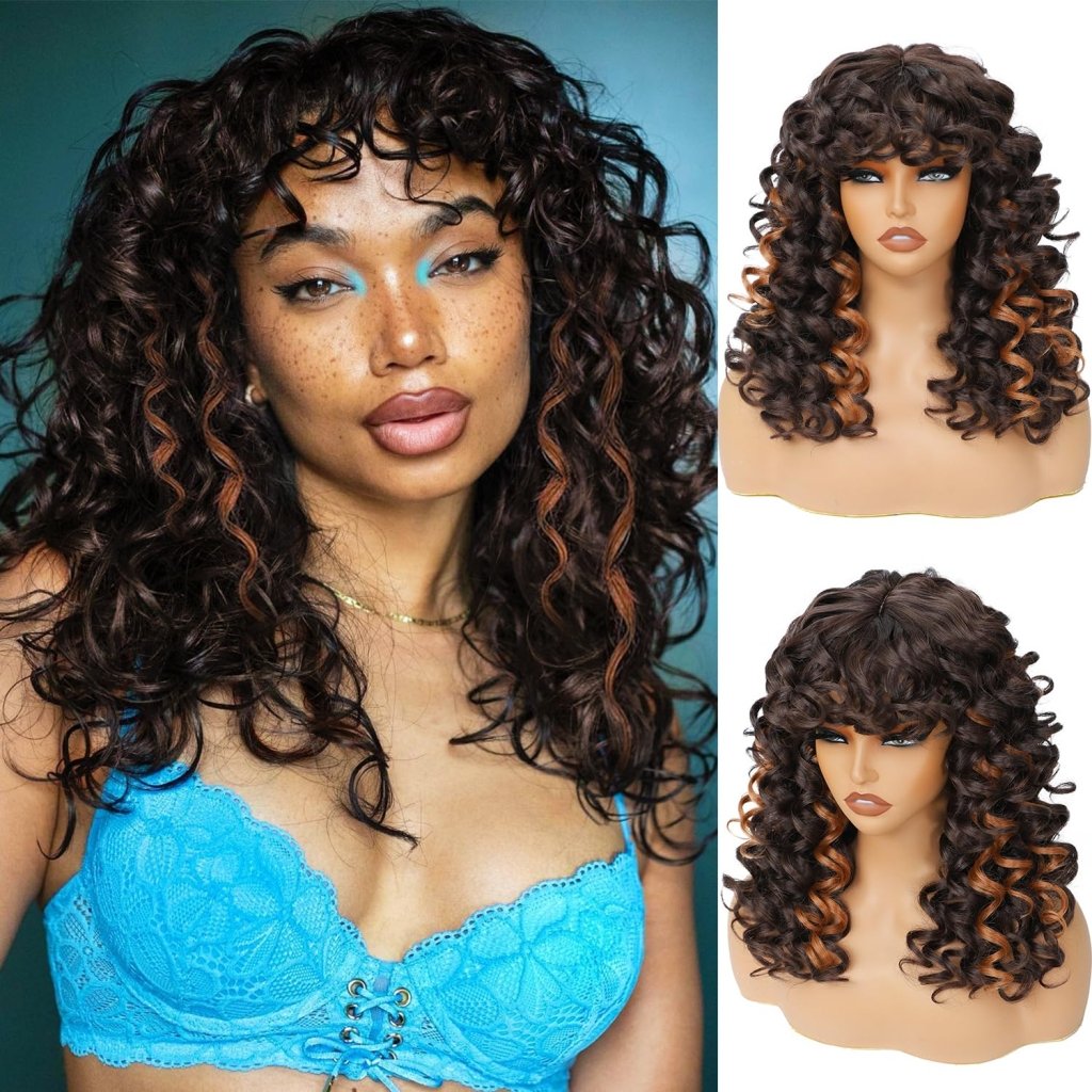 Curly Wigs for White Black Women 20 Inch Long Curly Afro Wig with Bangs Human Hair Wig - Wigtrends