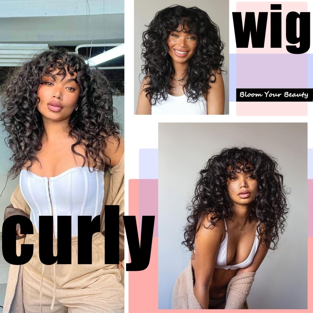 Curly Wigs for White Black Women 20 Inch Long Curly Afro Wig with Bangs Human Hair Wig - Wigtrends