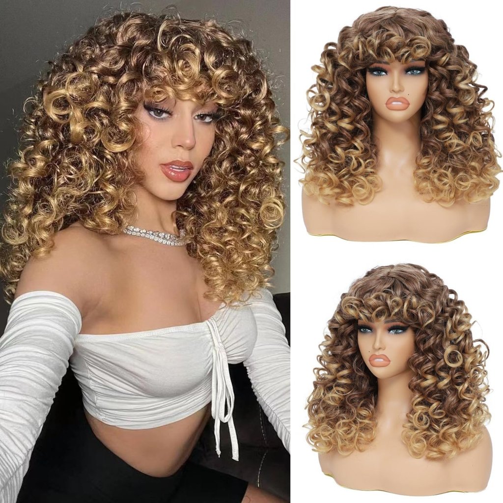 Curly Wigs for White Black Women 20 Inch Long Curly Afro Wig with Bangs Human Hair Wig - Wigtrends